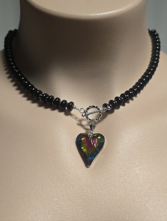 Hot Topic Jewelry - Black Rondelle Bead Heart Necklace – Iridescent Crystal Heart Pendant